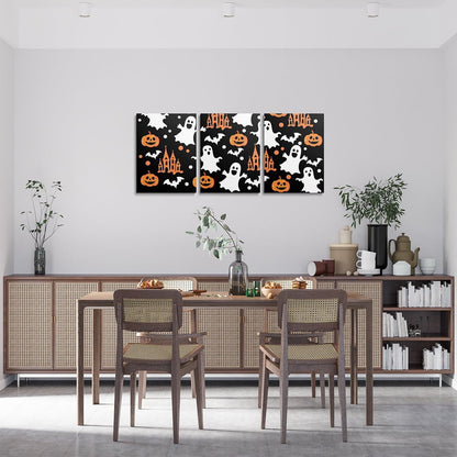 jejeloiu Halloween Decor Kids Canvas Wall Art for Living Room Bedroom Cartoon Ghost Picture Wall Decor for Bathroom Bat Boys Girls Artwork Posters Pumpkins Painting 12"x16"x 3Pcs