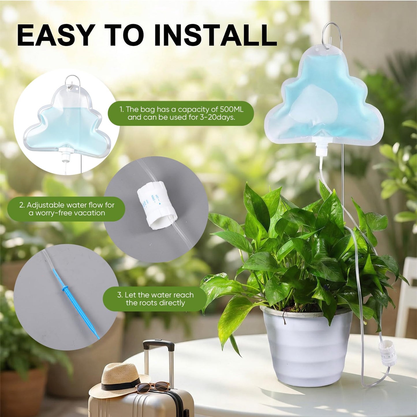 Zhengmy 12 Pcs 500ml Plant Self Watering Bags, Cloud Shape Automatic Drip Irrigation System with Adjustable Valve and Support Stakes, Slow Release Vacation Plant Waterer for Indoor Outdoor Plants