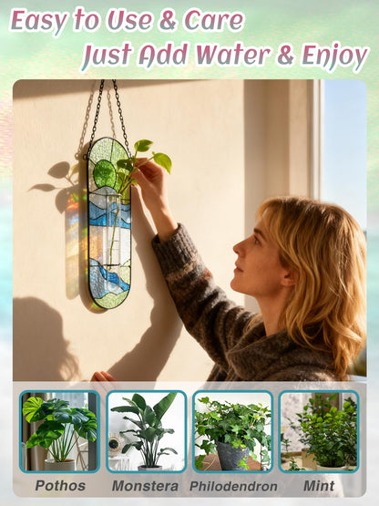 Stained Glass Plant Propagation Stations - Handmade Sunshine Catcher Hydroponic Planter Window Hanging with Glass Tubes, Terrarium Decor Gifts for Women Mom Plant Lovers, Green