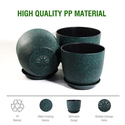 WSMKSZ Large Flower Pots 12/10/9 inch, Set of 3 Decorative Plastic Planters with Drainage Holes and Saucers for Garden House Plants, Plant Pots for Indoor Outdoor Plants, Black with Green Speckles