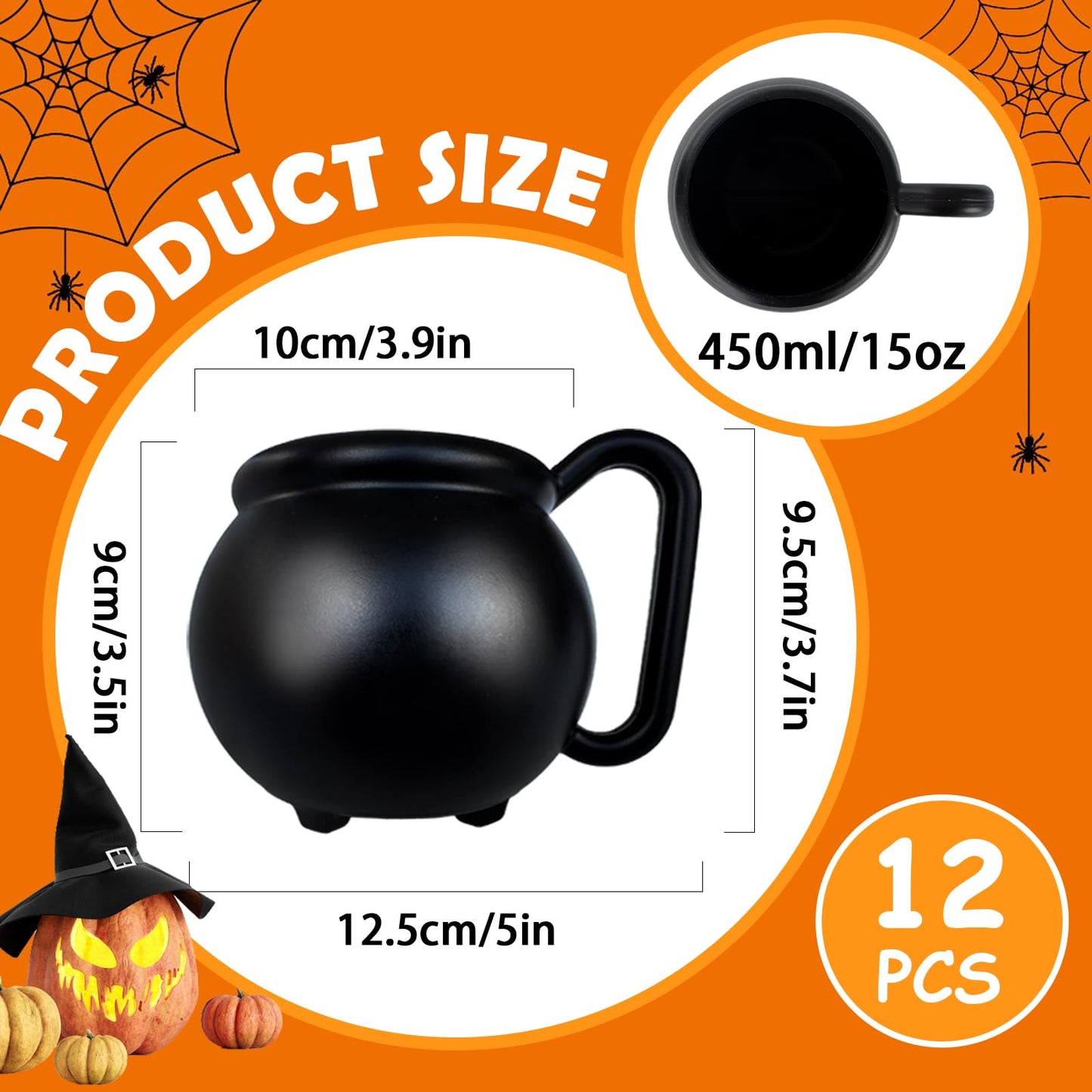 Baaxxango 12 PCS 15 oz Cauldron Mugs,Plastic Black Cauldron Pot Cups,Witches Brew Mug for Drinks,Halloween Party Favors,St Patricks Day Party Gift Supplies