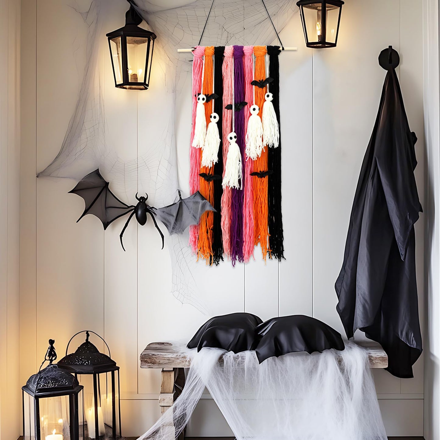 FYSUIMU Halloween Decorations Ghost Wall Hanging Cute Ghost Bat Woven Flag Banner for Wall Home Indoor Outdoor Party Supplies Spooky Season Decor