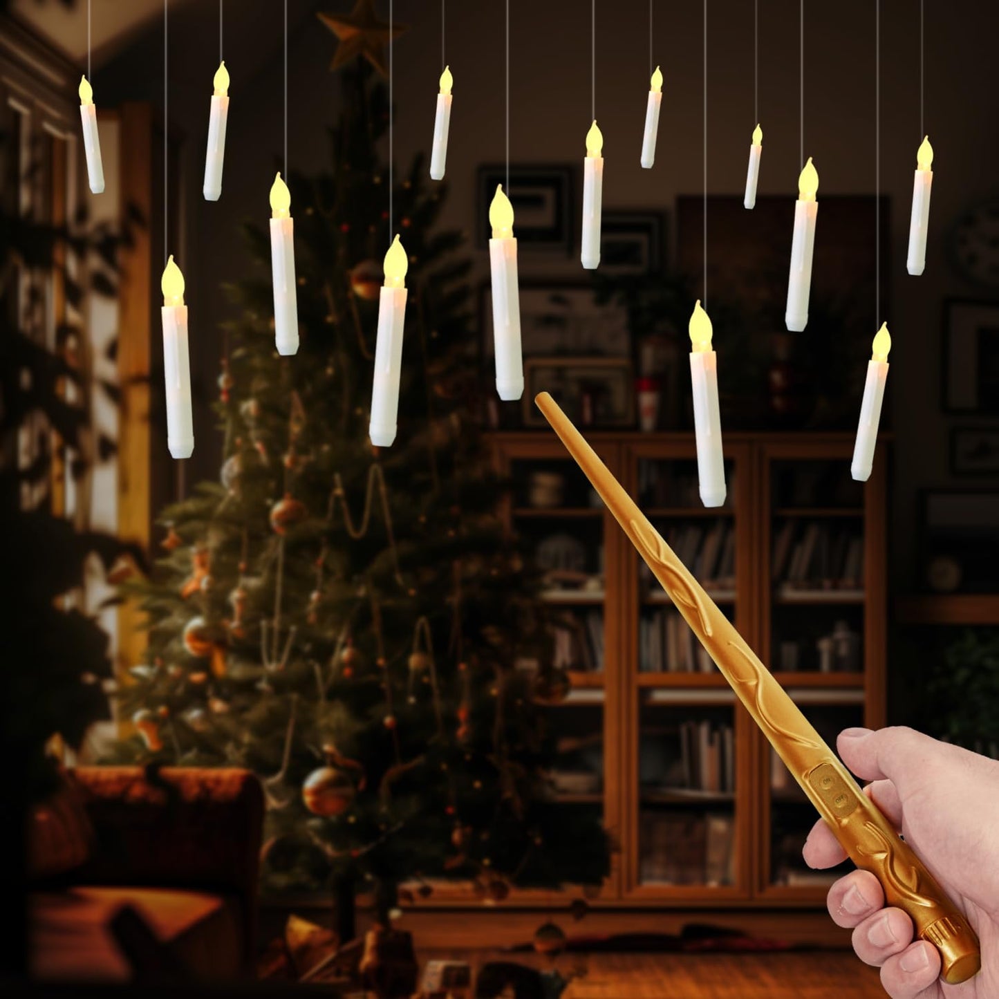 Raycare Floating Candles with Wand, 12 Pcs Magic Hanging Candles Flameless, Flickering Warm Light LED Taper Candle with Wand Remote, Battery Operated Window Candle for Halloween Witch Wizzard Decors