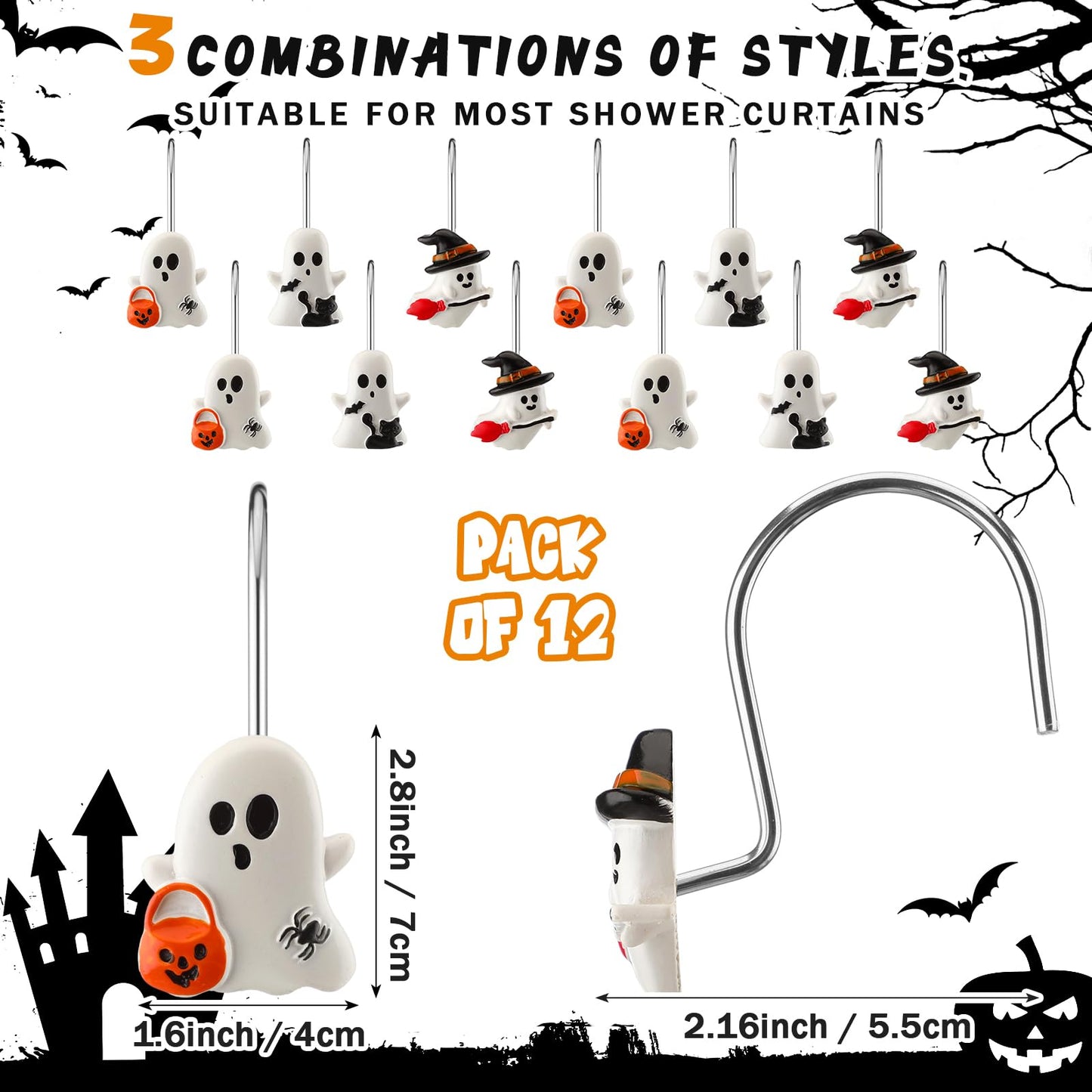 Colingmill 12 Pcs Halloween Ghost Shower Curtain Hooks Xmas Shower Curtain Hooks Halloween Bathroom Decor Rings for Bathroom Bedroom