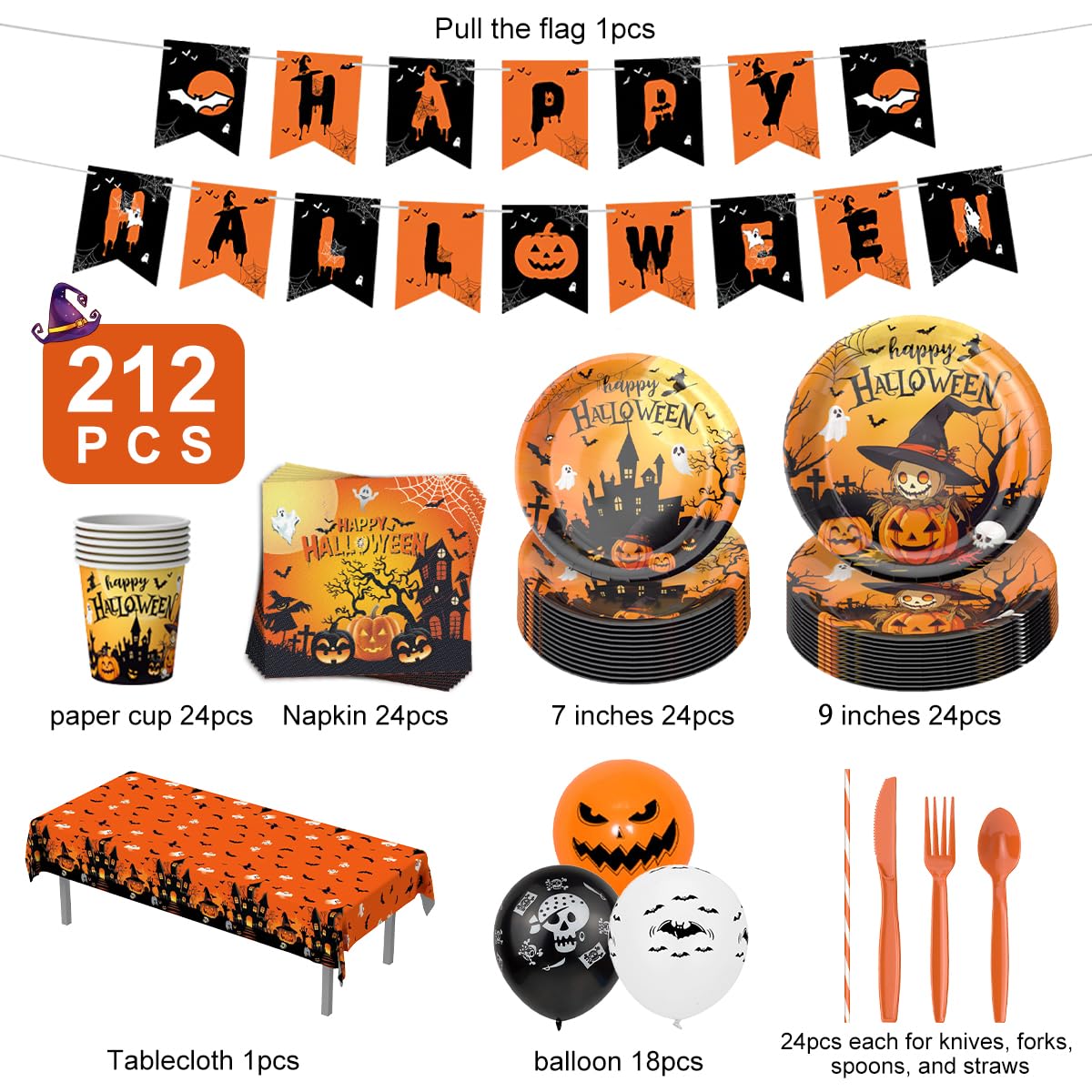 212Pcs Halloween Party Supplies Tableware Set for 24 Guests Disposable Pumpkin Ghost Themed Dinnerware Includes Paper Plates Napkins Cups Forks Knives Spoons Halloween Balloons, Banner & Tablecloth