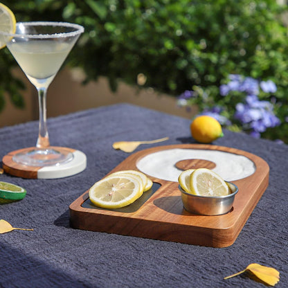 HALE OTEIR Margarita Salt Rimmer Set - Acacia Wood Cocktail Salt & Sugar Rim Maker with Slate Board, Lemon Slicer & Serving Bowl - Bartender Tools for Margaritas, Bar Accessories