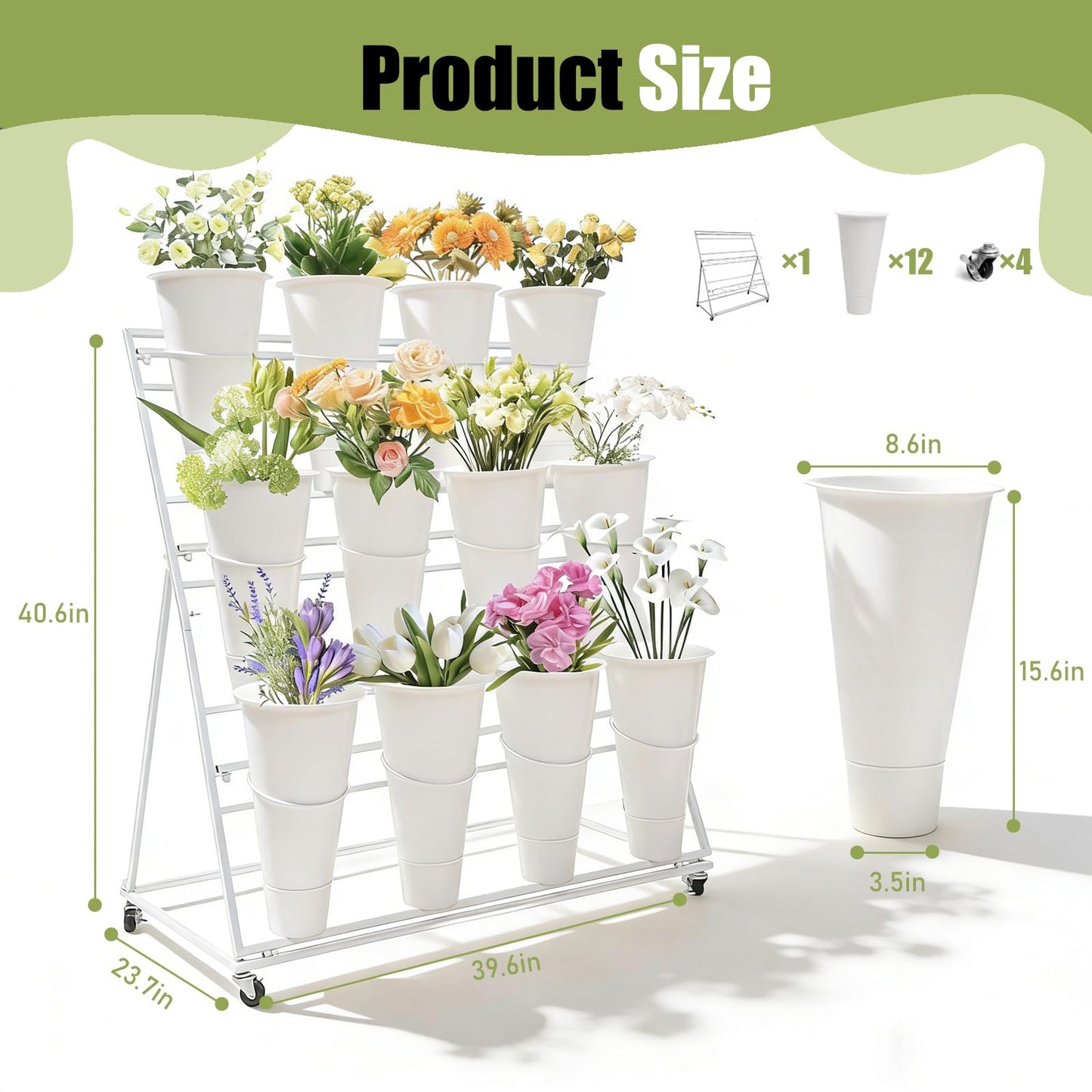 Flower Display Stands With Buckets, With 12pcs Buckets, 3-Tier Rolling Flower Bar,Heavy Duty Metal Flower Cart,For Indoor/Outdoor Use, Wedding Decor & Florist Displays (A - White frame, white bucket)