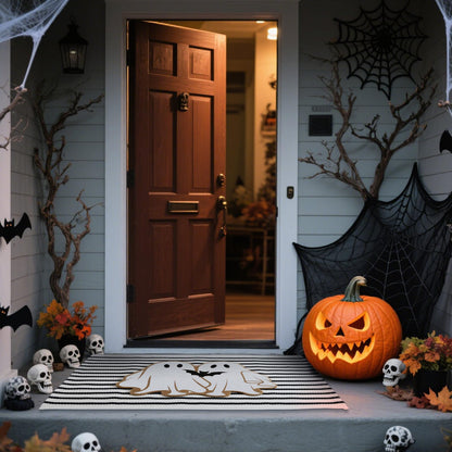 Duraaamo 2 Pcs Halloween Coir Doormat Outdoor Ghost Welcome Mat Layered Buffalo Plaid Black and White Rug Natural Coir Door Checkered Mat for Halloween Front Porch Entryway Decor
