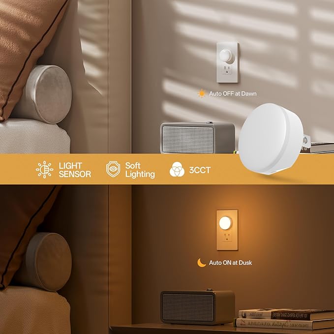 Night Light Plug in, Dimmable LED Mini Nightlights for Kids, Auto Dusk to Dawn Sensor, Automatic On and Off Night Lamp for Hallway,Bedroom, Stairway, 3 Brightness, Energy Efficient, 3CCT, 4Pack