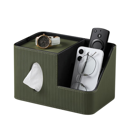 PU Leather Square Tissue Box Cover with Magnetic Closure, Tissue Holder with Storage Tray & Remote Control Organizer, for Nightstand, Living Room, Bathroom, Office Desk (Green Stripes)