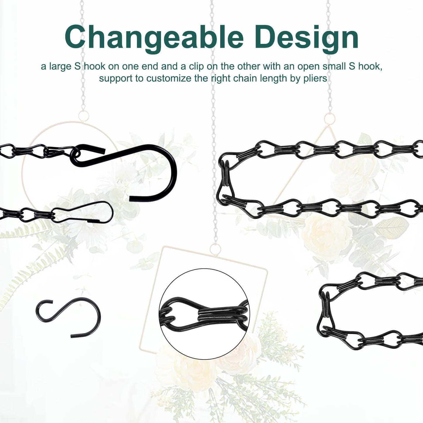 Urkupoo 6PCS Hanging Chains with S Hooks, 24.2IN Long Chains with Clips, Adjustable Black Metal Chains Hanger for Plant, Sign, Bird Feeder, Wind Chime