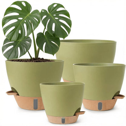 moniko Plant Pots 12/10/9/8 Inch Self Watering Pots, Plastic Flower Pots with Multi Mesh Drainage Holes and Water Level， Nursery Planting Pot for Indoor Out Door Plants（Green）