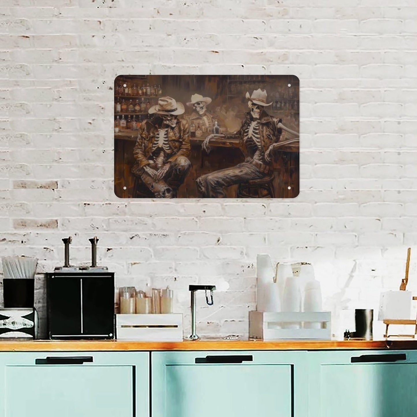 Metal Sign Poster 8x12 Inch Wild West Skeleton Cowboy in A Bar Oil Painting Print Western Wall Art Road Trip Gift Southwestern Cowboy Art Decor