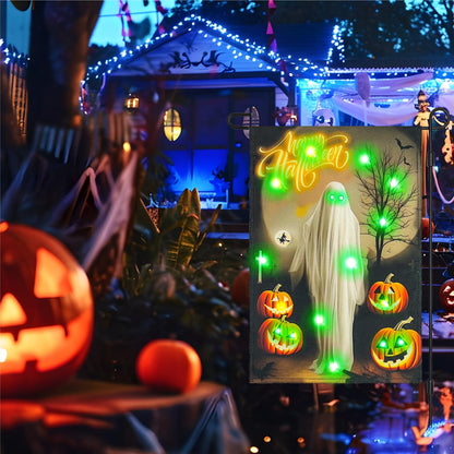 Vigor Home Solar Happy Halloween Lighted Garden Flag Double Sided 12×18 Inch, 8 Modes Led Small Vertical Ghost Pumpkins Spooky Night Yard Flags for Outside Front Porch Lawn Outdoor Decor