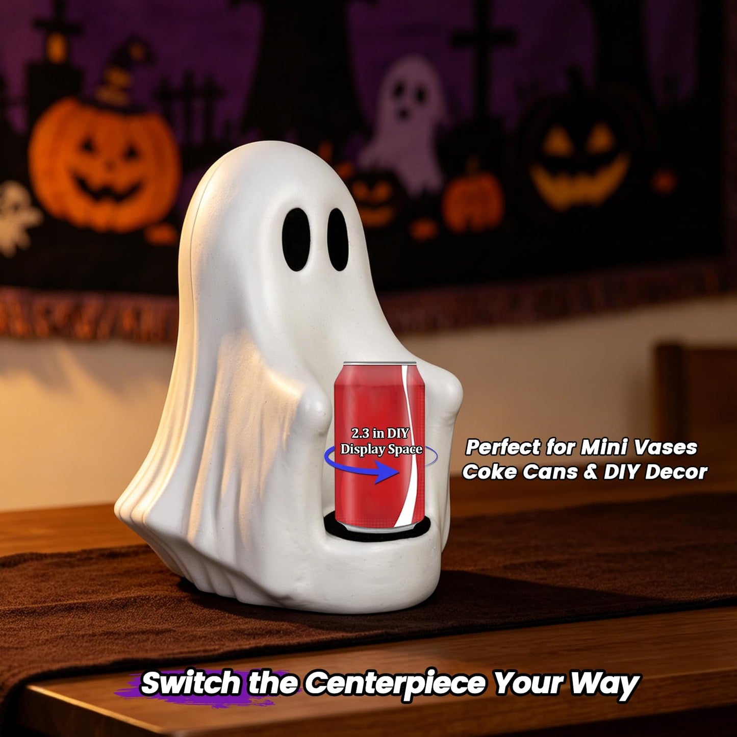 Halloween Ghost Candle Holder with Flickering Candle Effect, Spooky Cute Ghost Decor, Plastic Tabletop Decoration for Halloween Party Home