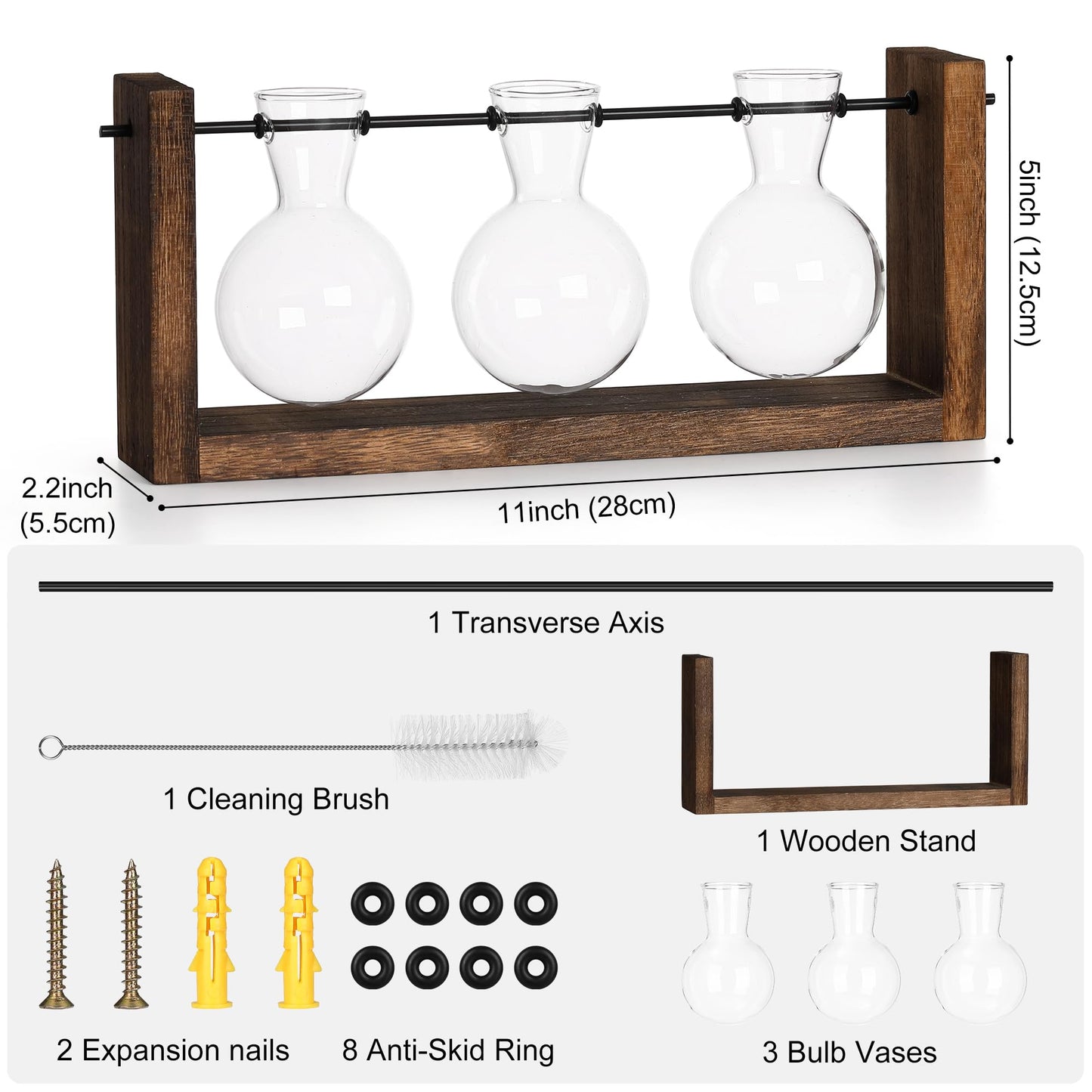 YIBOT Wall Hanging Planter Propagation Station Glass Flower Vase for Hydroponics Plants, Plant Terrarium with Wooden Stand, Bathroom, Home Office Living Room Decor Gift