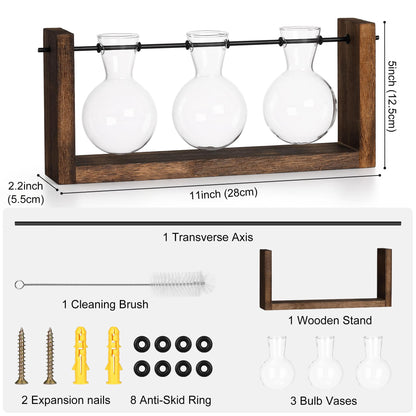 YIBOT Wall Hanging Planter Propagation Station Glass Flower Vase for Hydroponics Plants, Plant Terrarium with Wooden Stand, Bathroom, Home Office Living Room Decor Gift