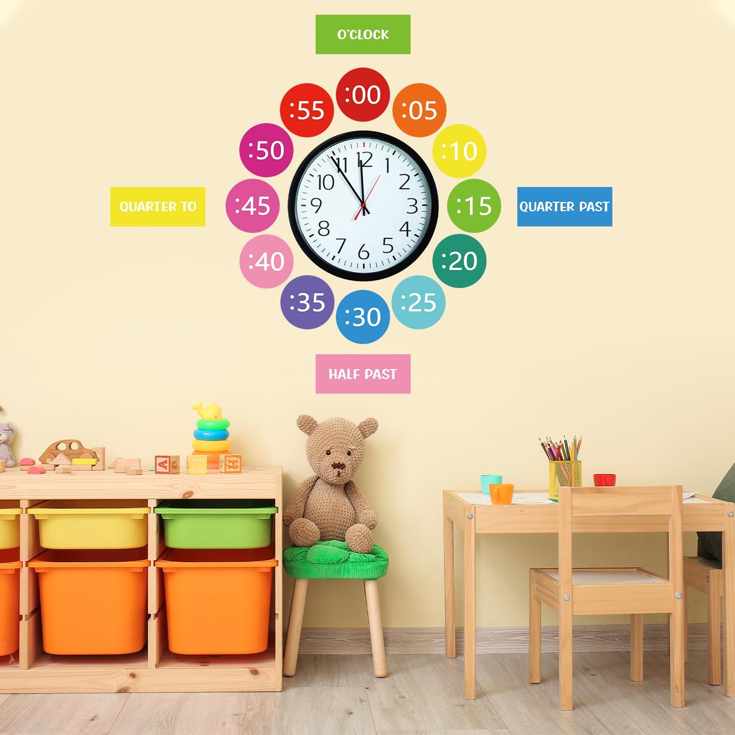 Sereliy Boho Rainbow Clock Numbers Bulletin Board Kits, Telling Time Teaching Clock for Kids Labels, Learning to Tell Time Clock Cutouts for Elementary Math Classroom Must Haves (Bright)
