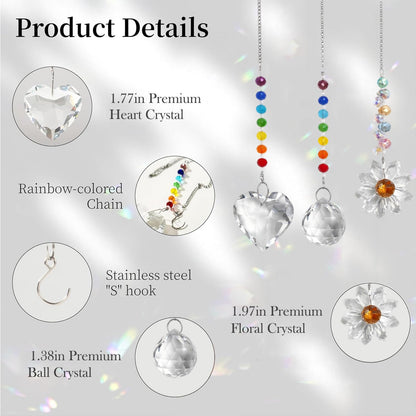 3Pcs Sun Catcher Crystals for Window Hanging, Prism Suncatcher with Chain Pendant Rainbow Maker for Windows Indoor Outdoor Car Mirror Garden Decor Wedding Party Xmas Gift