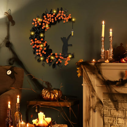 Halloween Decor, 2026 New Spooky Halloween Wreath with Lights, Black Cat Crescent Moon Design, Indoor Outdoor Front Door Wall Decor for Halloween Party