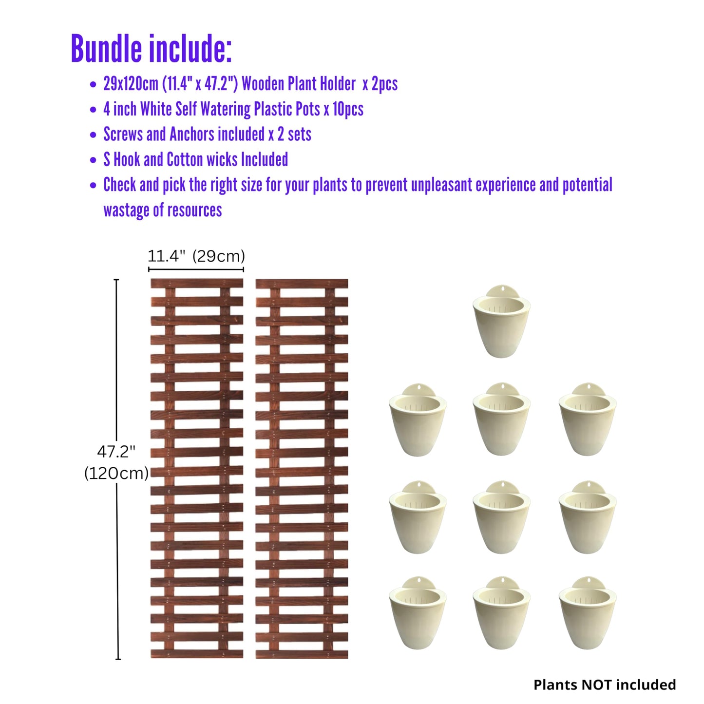ShopLaLa Bundle - 2 Pack Wooden Wall Planter + 10 Pack, 4 Inch Self Watering Plastic Planters White Plant Holder, Modern Hydroponic Wall Pot Vertical System for Living Plant, Garden