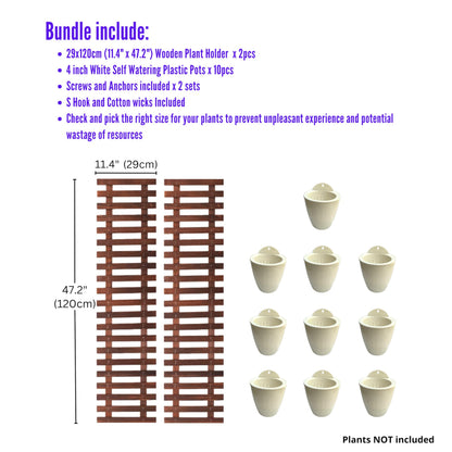 ShopLaLa Bundle - 2 Pack Wooden Wall Planter + 10 Pack, 4 Inch Self Watering Plastic Planters White Plant Holder, Modern Hydroponic Wall Pot Vertical System for Living Plant, Garden