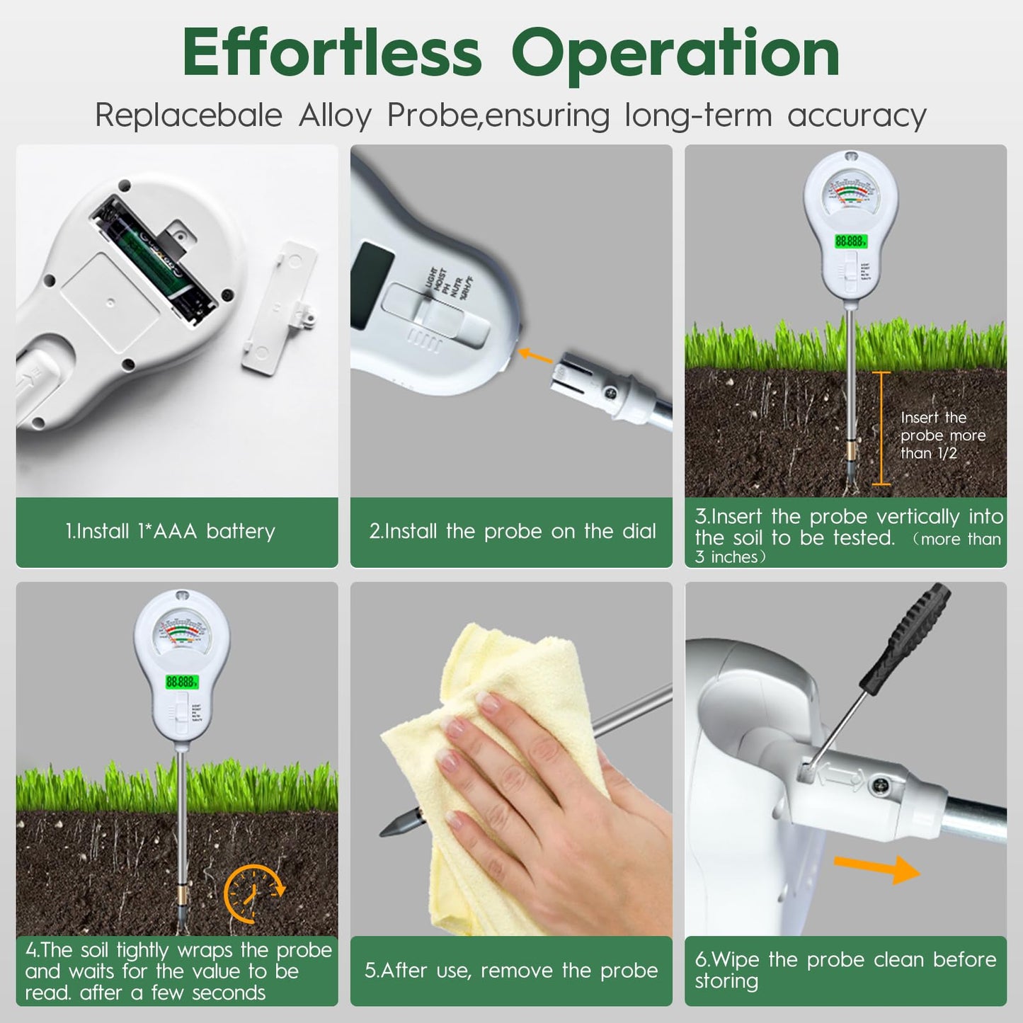 6-in-one Soil Test Kit-Soil Moisture Meter/PH Meter/Fertility/Sunlight Intensity Soil Tester, LCD Air Hygrometer&Temperature Moisture Meter for Plants-Garden, Lawn,Farm,2 Pack Detachable Probe