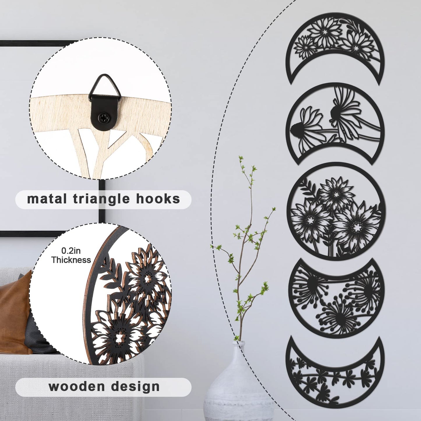 Jetec 5 Pcs Moon Phase Wall Art Decor Wall Pediments Hanging Wooden Phase Spiritual Bedroom Nordic Boho Lunar Aesthetic Art for Living Room Dorm Apartment Ornament (Black)