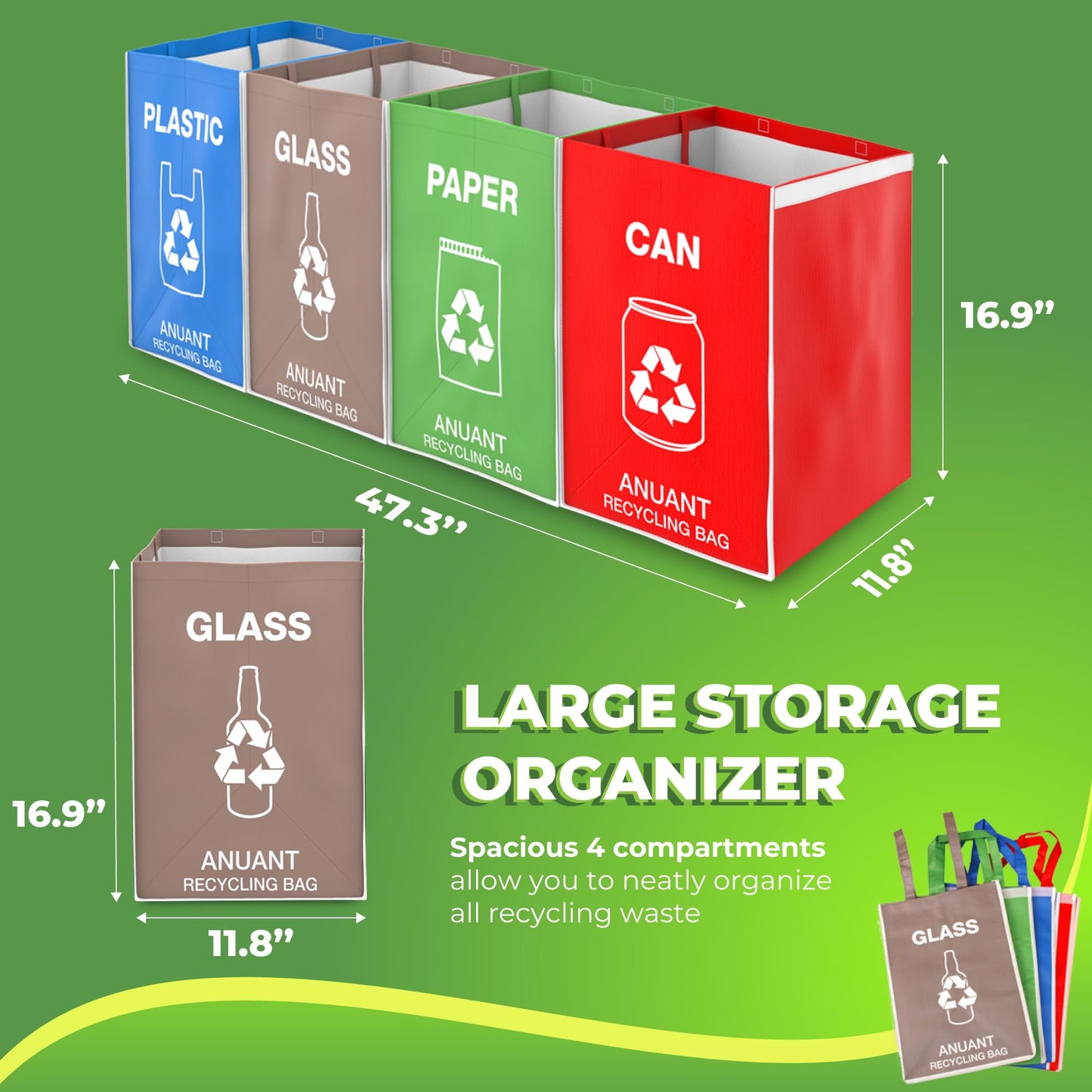 ANUANT Separate Recycling Waste Bin Bags for Kitchen Office in Home - Large Size Sturdy Double Handles 10 Gallon Recycle Garbage Sorting Bins
