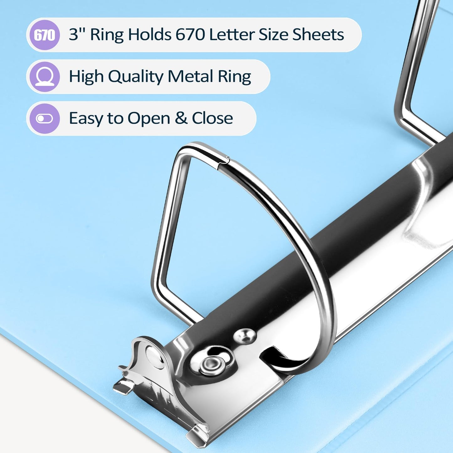 Sooez BinderX Extra Durable 3 Inch 3 Ring Binder, D-Ring Large Binders, Holds 670 Sheets of 8.5x11 Paper, Customizable View Cover with Inside Pockets, Heavy Duty 3 Ring Binder for School, Light Blue