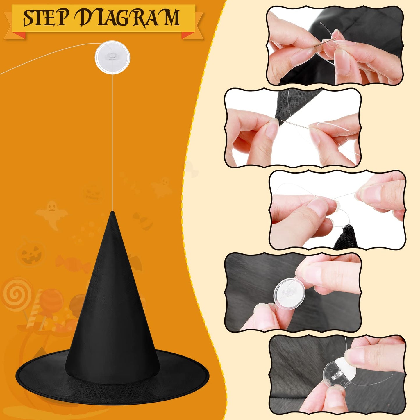 SATINIOR 12 Pcs Halloween Witch Hat Hanging Decor Floating Witch Hat with Rope Accessory and Transparent Seamless Hooks (Classic)