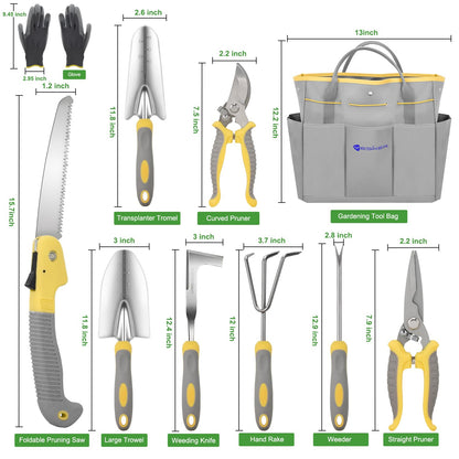 Yesker Gardening Tools 10-Piece Heavy Duty Garden Tool Set Gardening Supplies Gifts for Women Men Gardening Hand Tool Kit w Non-Slip Ergonomic Handle, Garden Bag, Durable Gloves, Pruning Shears, Gray