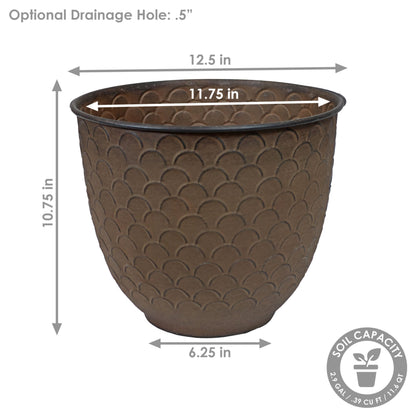 Sunnydaze Dinah 12.5" Metal Outdoor Plant Pot Set with Drainage Holes and Rubber Plugs - Matte Brown - Set of 2