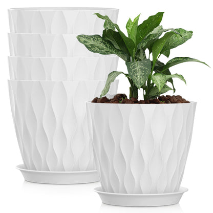 SQKH 8 Inch Plastic Plant Pots,Set of 5 Flower Pots,Planters with Drainage Holes & Saucers, Indoor Outdoor Garden Pots for Home Decor(White)