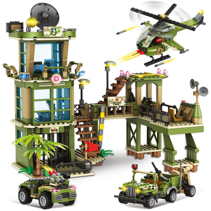 City Military Base Building Block, Compatible with Lego Military Base, Army Toy with War Helicopter, Marine Artillery Vehicle, Police Car, Gift for Kid 6 7 8 9 10 11 12 13 14 Years Old (811 Pieces)