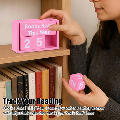 Books Read This Year Counter - Wooden Reading Tracker Block, Adjustable Book Count Display, Pink Book Lover Decor for Bookshelf Desk Library Reading Goals Gift (Pink)