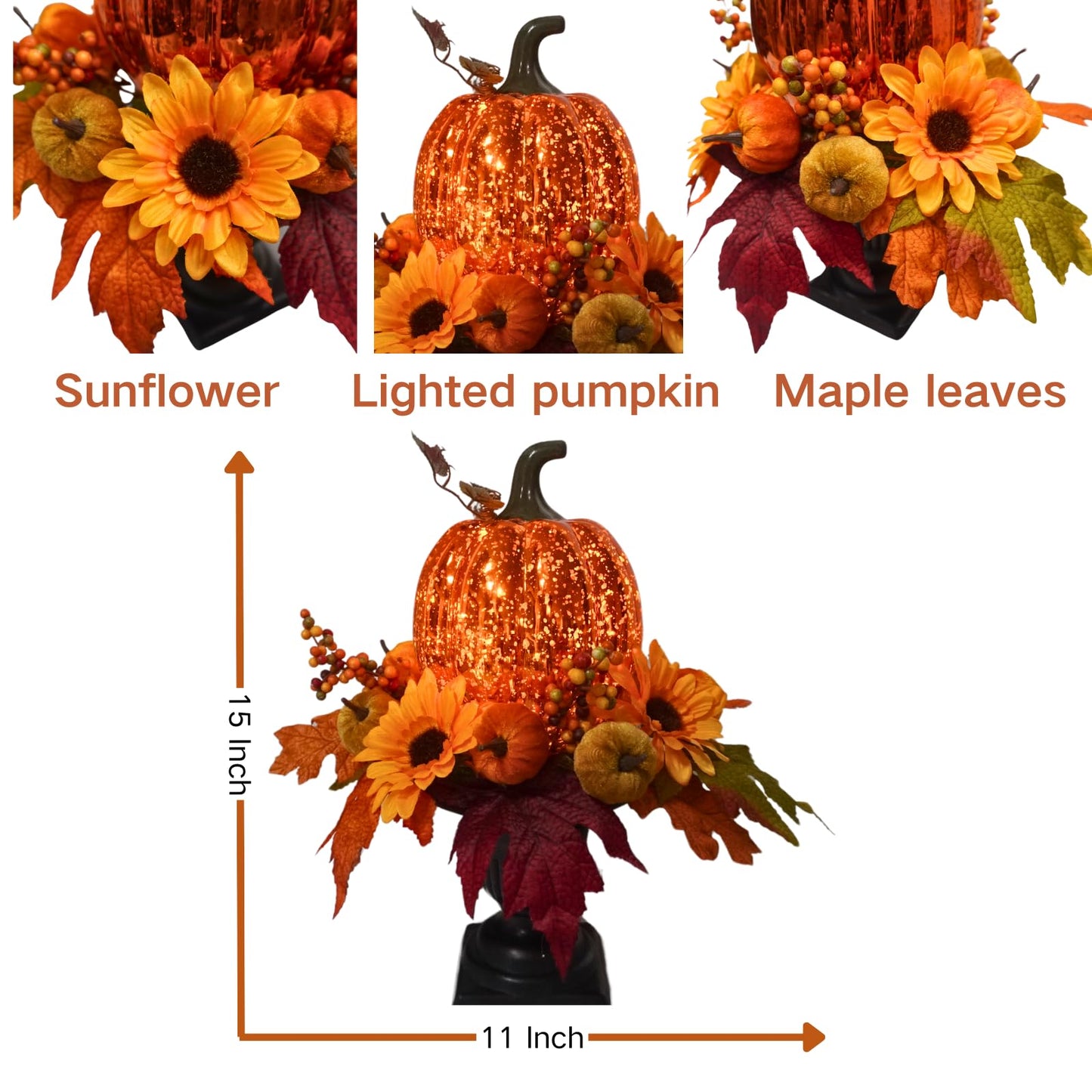 Svndlyn 15 Inch Lighted Pumpkin Fall Table Decoration Indoor Outdoor Table Centerpieces,Artificial Pumpkin with Maple Leaves Berries and LED Lights for Fall Table Centerpieces Thanksgiving Decor