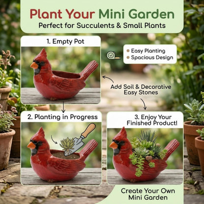 Cardinal Bird Succulent Planter, Red Resin Flower Pot with Drainage Hole, Cute Animal Decorative Plant Pot for Indoor Outdoor Succulents, Unique Gift for Bird Lovers (2Pc)