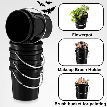 Hushee 6 Pcs Mini Plastic Buckets with Lids, 0.4 Quart Black Buckets for Party Gift Packaging, Candy Holders Easter Halloween Christmas Candy Treat Snacks Holder Birthday Baby Shower Party Supplies