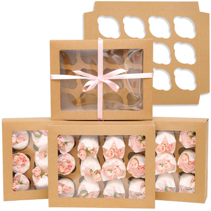 Bakepacker 12 Cupcake Containers 20-Packs Brown 12 Count Cupcake Boxes with Window Cupcakes Carrier, 13"x10"x3.5"（Auto-pop up）