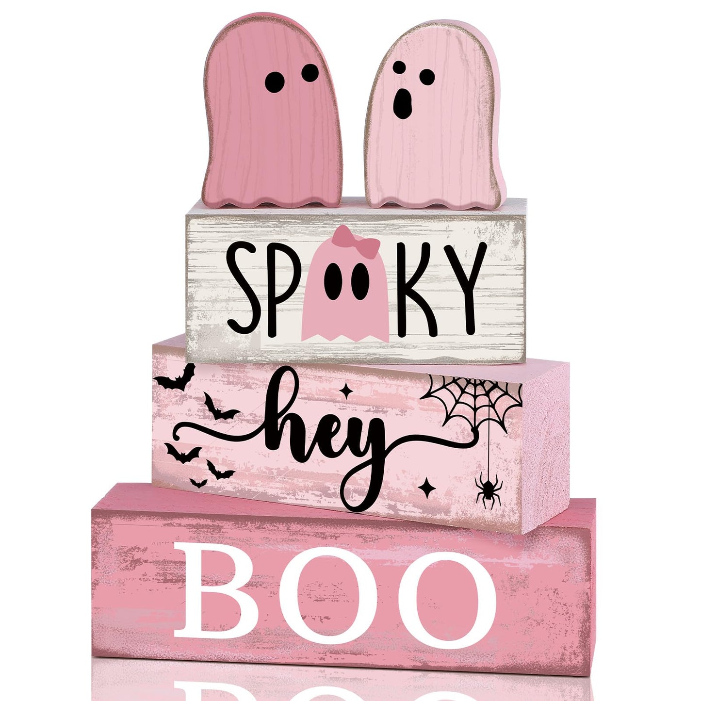 Lineshading 4 Pcs Pink Halloween Decor Ghost Table Decorations Halloween Tiered Tray Decor Farmhouse Ghost Tabletop Centerpiece Rustic Pink Block Sign Gift for Home Kitchen Shelf Office Mantel