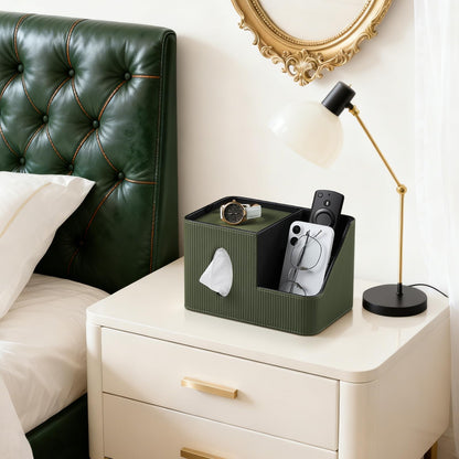 PU Leather Square Tissue Box Cover with Magnetic Closure, Tissue Holder with Storage Tray & Remote Control Organizer, for Nightstand, Living Room, Bathroom, Office Desk (Green Stripes)