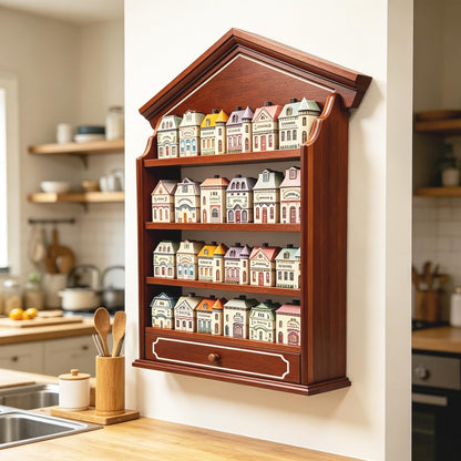 Yudlto Vintage Wooden Spice Rack with Drawer and 4 Shelves, Wall Mounted Spice Village Display Shelf for Kitchen Storage, Holds 24 Jars, 22 x 17 x 4 Inches, Rack Only
