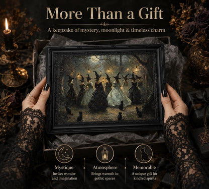 Framed Halloween Witch Wall Art, Moonlit Forest Witch Gathering Painting, Dark Academia Witchy Canvas Print, Black Ornate Framed Artwork with Black Cats. Ready to hang, 9x11in