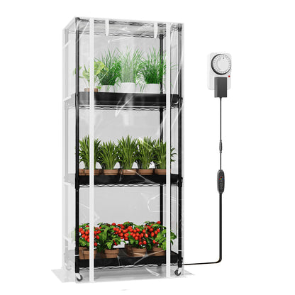 SPECILITE Indoor Greenhouse with Grow Light, DIY 4-Tier Plant Stand with PVC Cover and 99W Full Spectrum 5000K LED Plant Lights, Rolling Plant Shelves with Tent & Timer for Seed Starting, 27x14x59IN