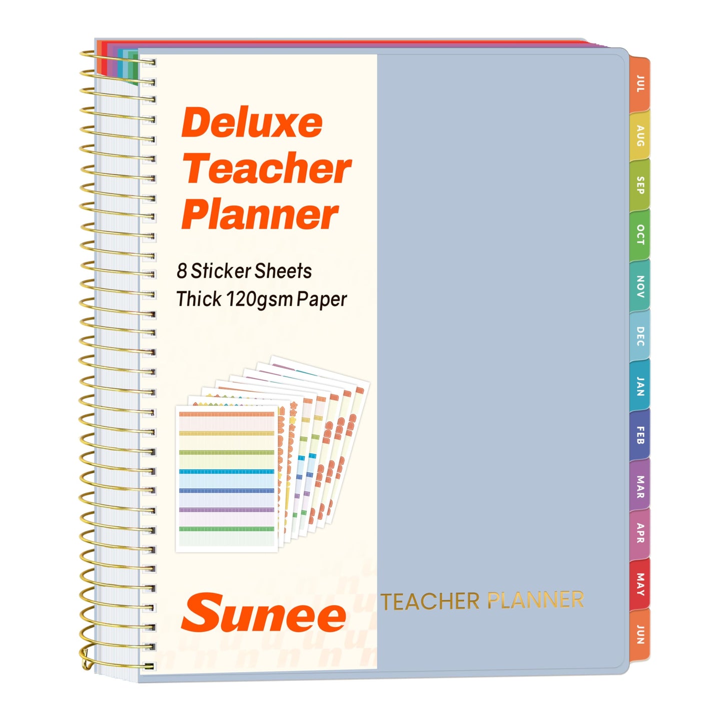 SUNEE Deluxe Teacher Planner 2026-2027, Lesson Planner Book with 7 Periods Jul 2026 - Jun 2027, 8.5" x 11" Daily Weekly and Monthly Organizers with Colorful Tabs, Planning Stickers,120gms Paper, Blue