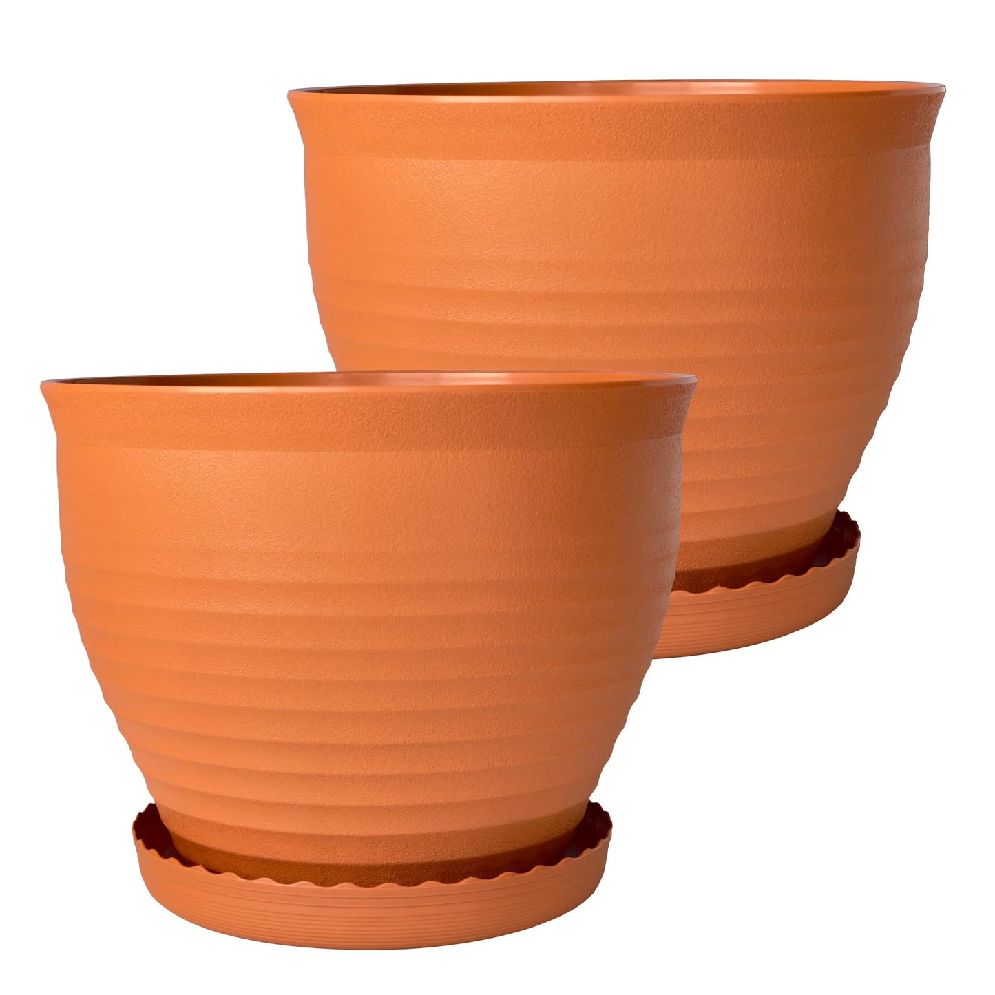 OUMUHE 13.8 Inch Round Plastic Planters Urns with Drainage and Saucers, Set of 2, Large Flower Pots for Indoor Outdoor Plants, Available in Terracotta & White (Terracotta)