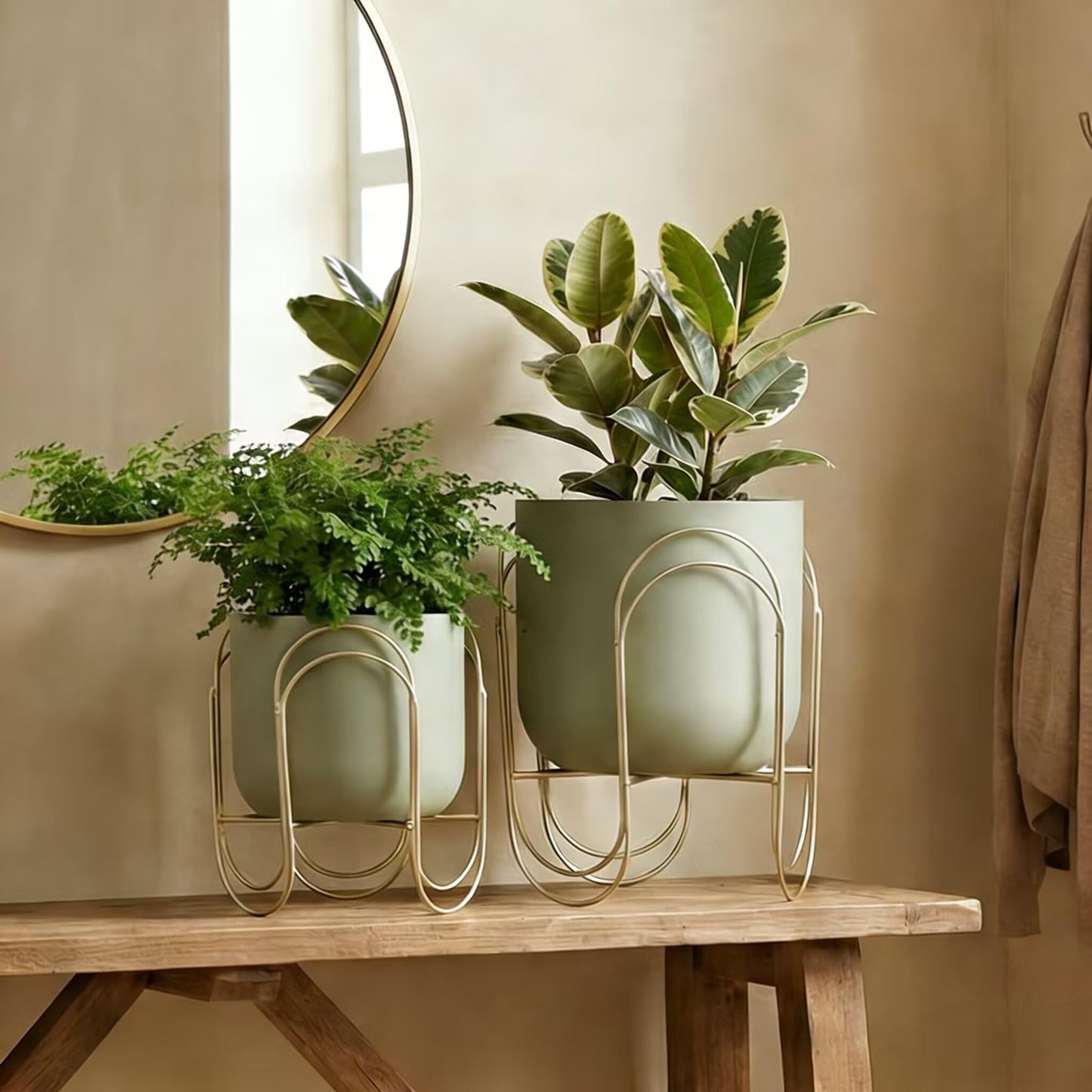 JHY DESIGN Set of 2 Planters with Stand Indoor Outdoor Metal Plant Stand 11.5/8" H Modern Planters Flower Pots for Living Room Corner Kitchen Office Garden Balcony Patio Decor(Green)