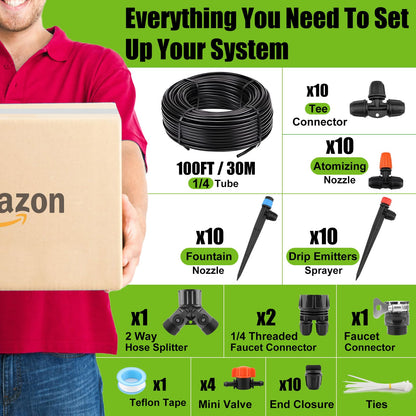 100FT Drip Irrigation System Kit, Automatic Watering System with 30 Adjustable Nozzles & 30M 1/4" Tubing – DIY Solution for Gardens, Greenhouses, Patios & Lawn – Effortless Plant Care + Water-Saving