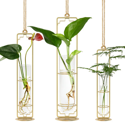 MIPON Metal Hanging Plant Propagation Station,3 Size Glass Test Tube Hydroponic Planter,Boho Wall Hanging Plant Cuttings Holder,Indoor Water Plant Terrarium Tubes for Home Office Window Decor-Gold